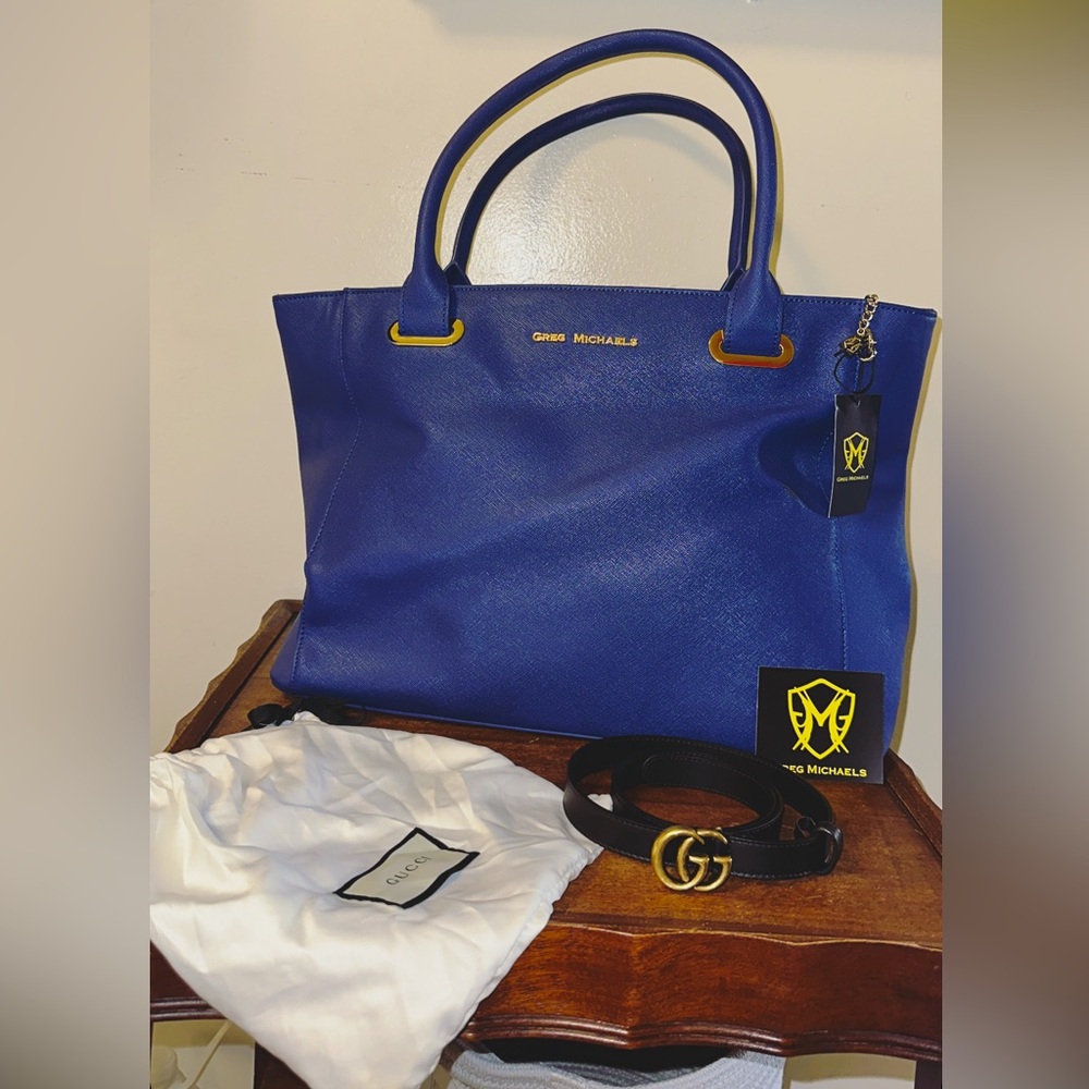 New Blue Greg Michaels bag and new black Gucci belt